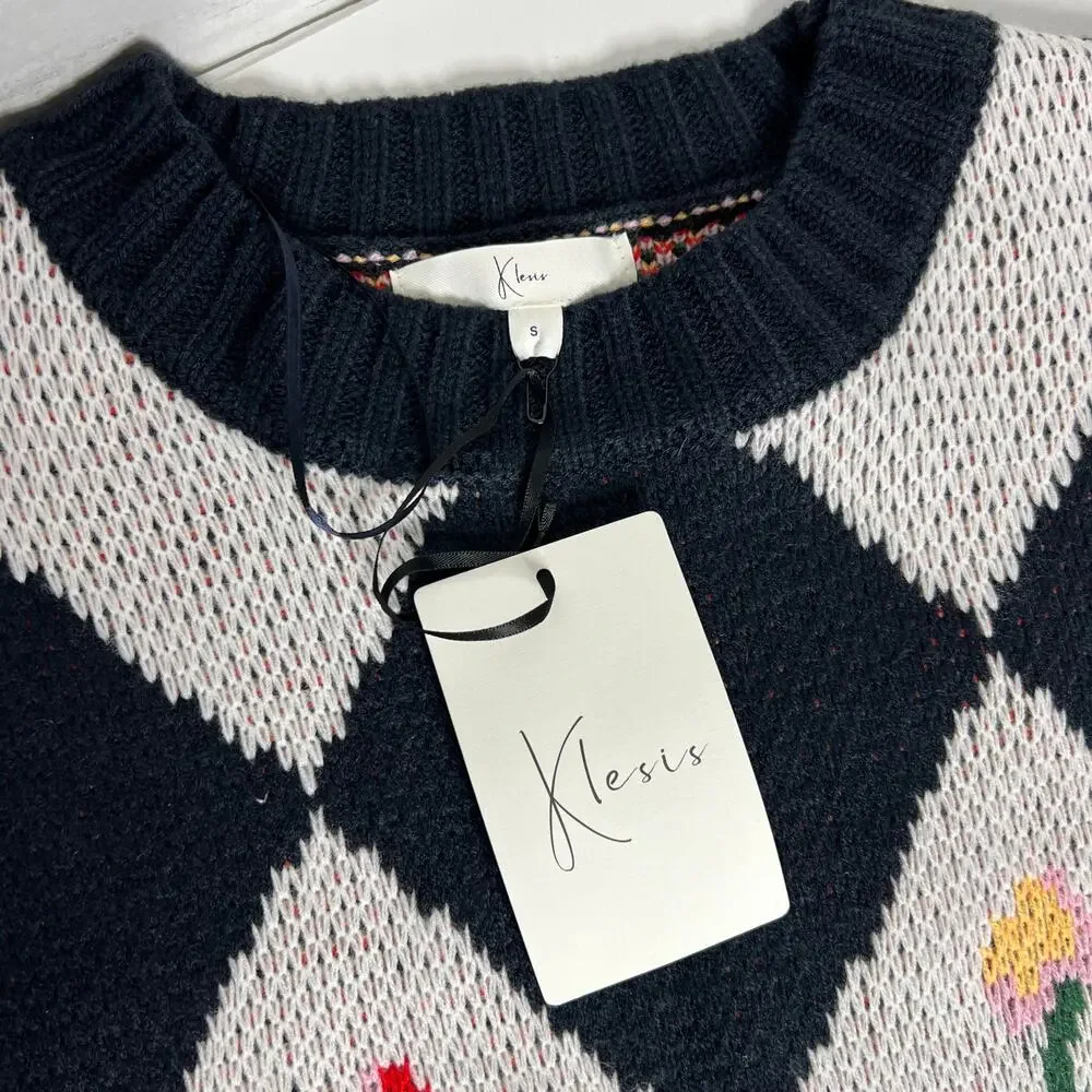 Klesis Argyle Floral Knit Sweater Navy White Diamond Pattern Pullover Small
